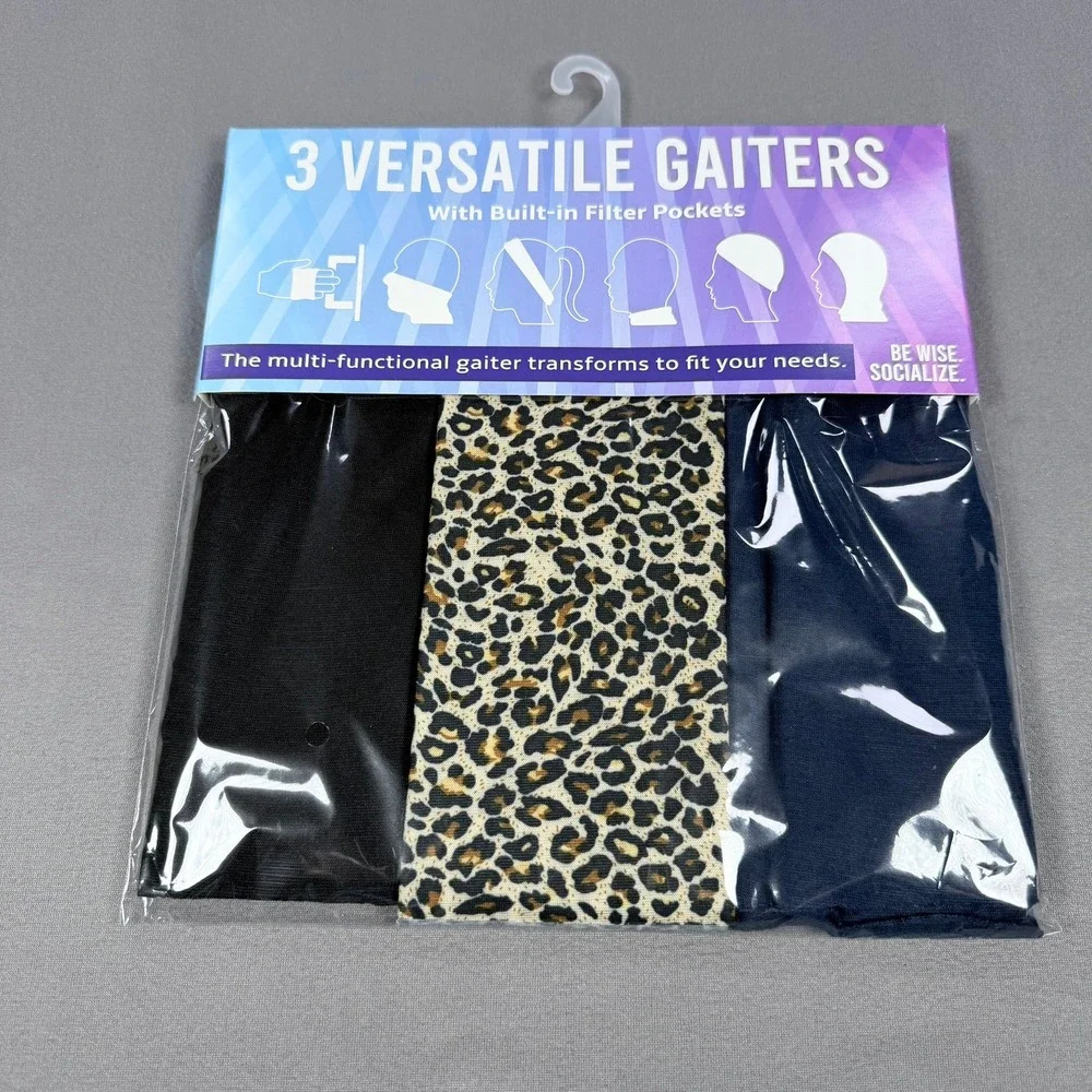 3 Versatile Neck Gaiters with Filter Pockets Leopard Black Blue Unisex Face Mask